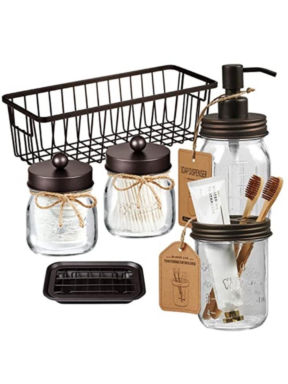 Mason Jar Bathroom Accessories Set,6Pcs Rustic Bathroom Set,Brown